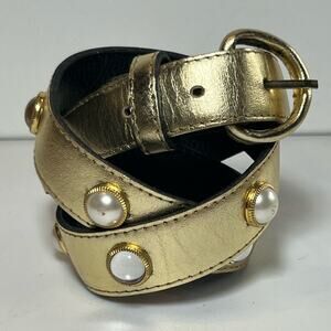 Vintage 80s Gold Leather Pearl Studded Belt Size Small Leather Buckle